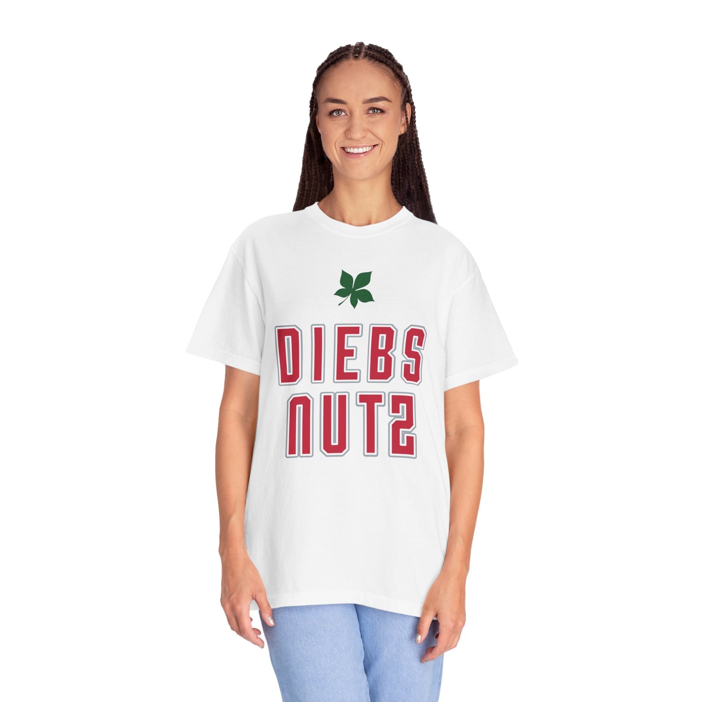 Diebs Nuts Graphic T-Shirt — Retro Lettering Tee with Leaf Accent
