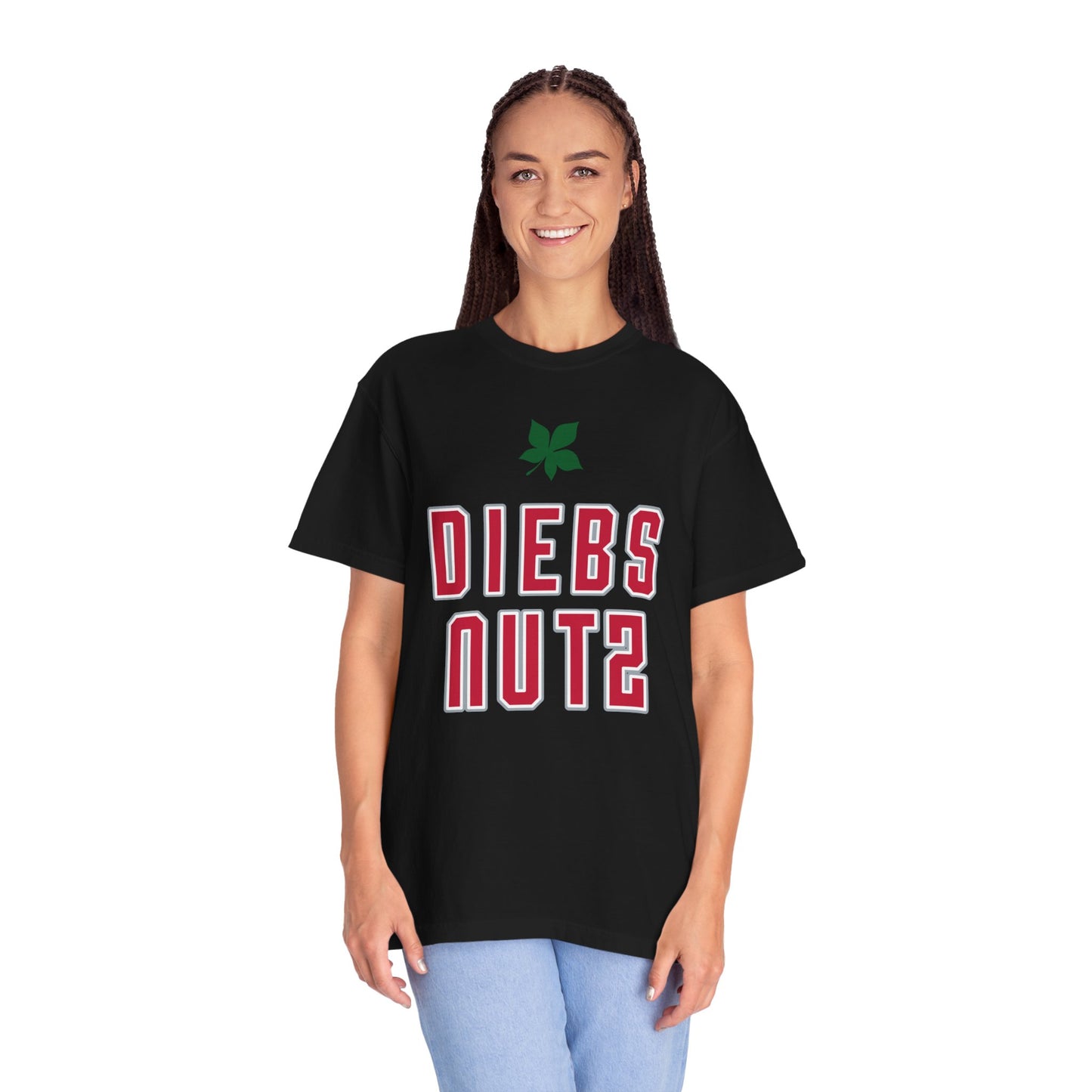 Diebs Nuts Graphic T-Shirt — Retro Lettering Tee with Leaf Accent