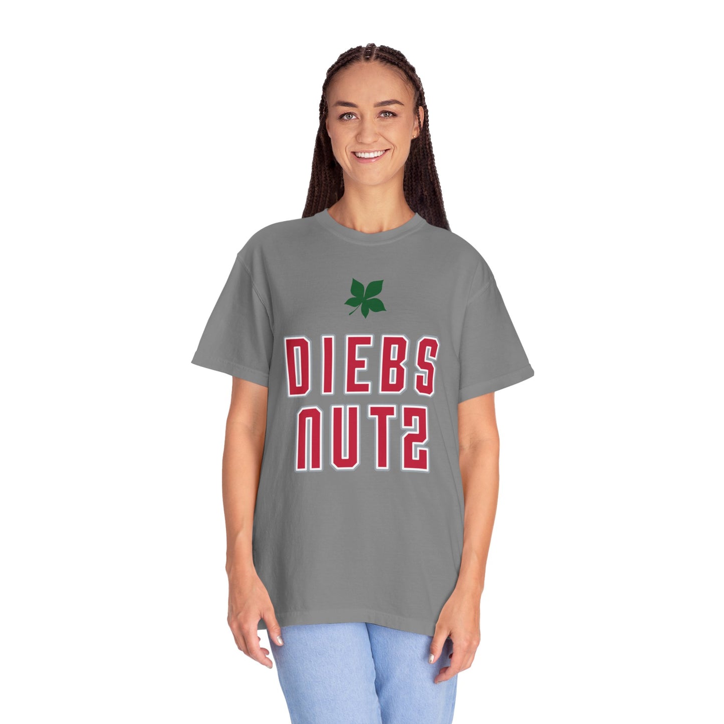 Diebs Nuts Graphic T-Shirt — Retro Lettering Tee with Leaf Accent